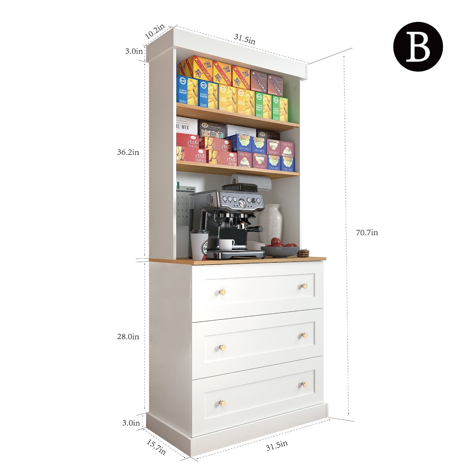 71"Kitchen Pantry Cabinet with Microwave Stand,3 Drawers and Adjustable Shelves,White