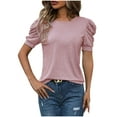 thumbnail image 3 of BiZtdJrK Women Dressy Casual T Shirts Puff Short Sleeve Summer T Shirt Crew Neck Fashion Casual Tunic Tops Pink S, 3 of 8