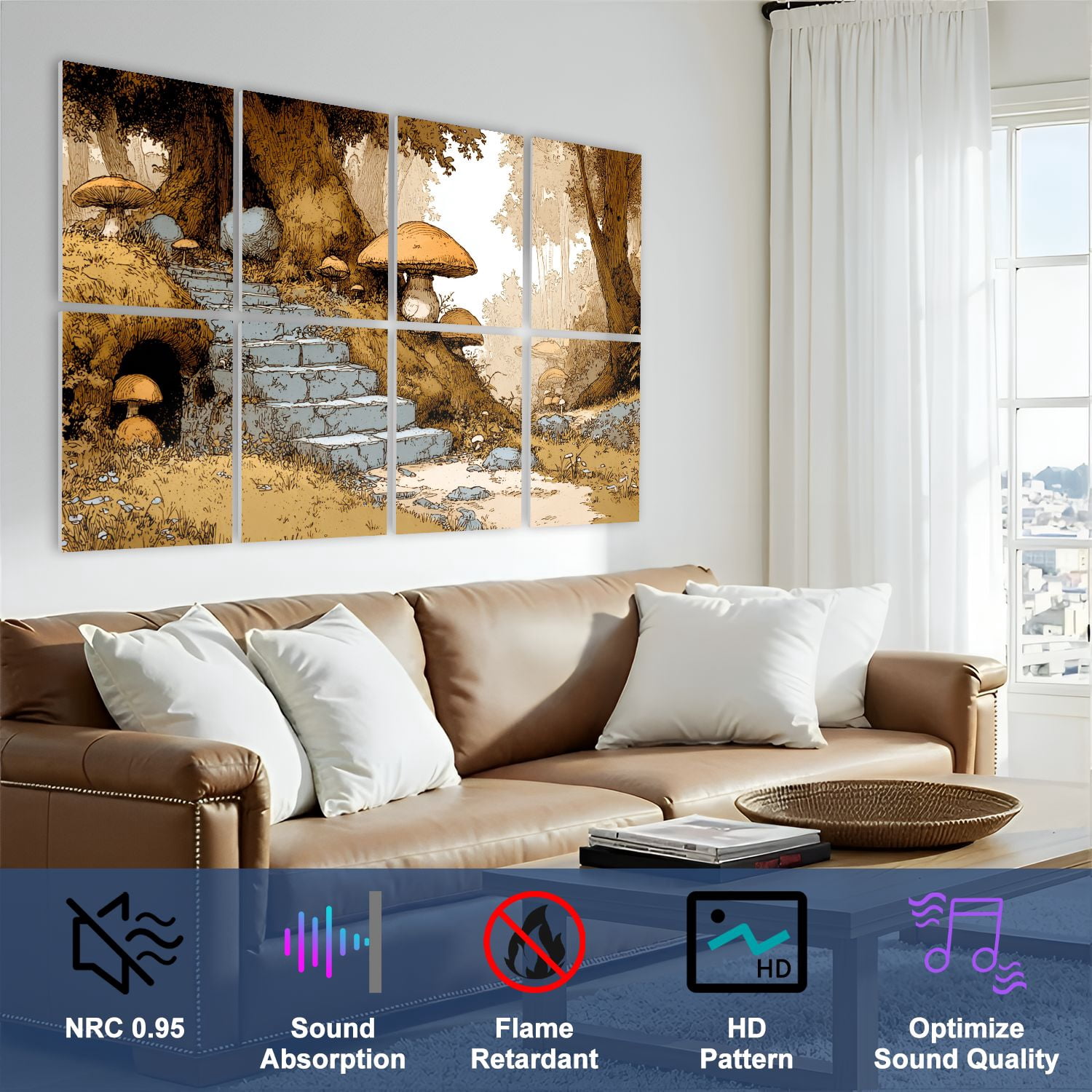 8 Pack Art Acoustic Panels Mushrooms Forest Pathway Stone Steps Giant Mushrooms Self Adhesive Sound Absorbing Panels for Home Office Studio Media Room 48"x32"