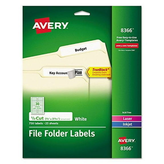 Avery 8366 Permanent Filing Labels, 1/3 Cut, 750/Pk, White