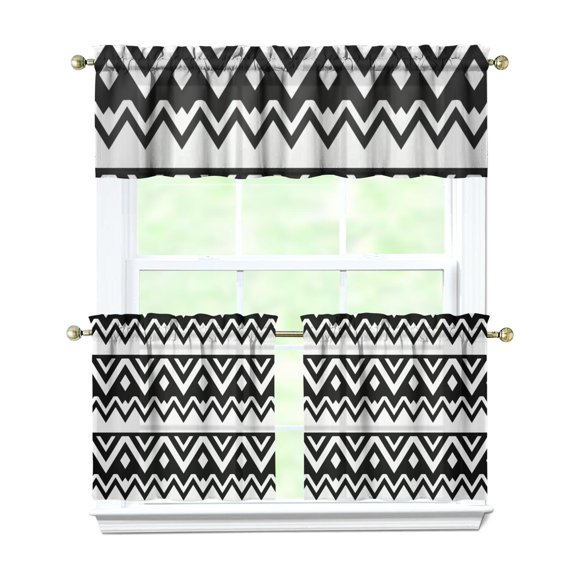Farmhouse Kitchen Curtains Boho Chic 3-Piece Set Vintage Ethnic Tier and Valance Light Filtering Rustic Rod Pocket Curtains for Home Decor