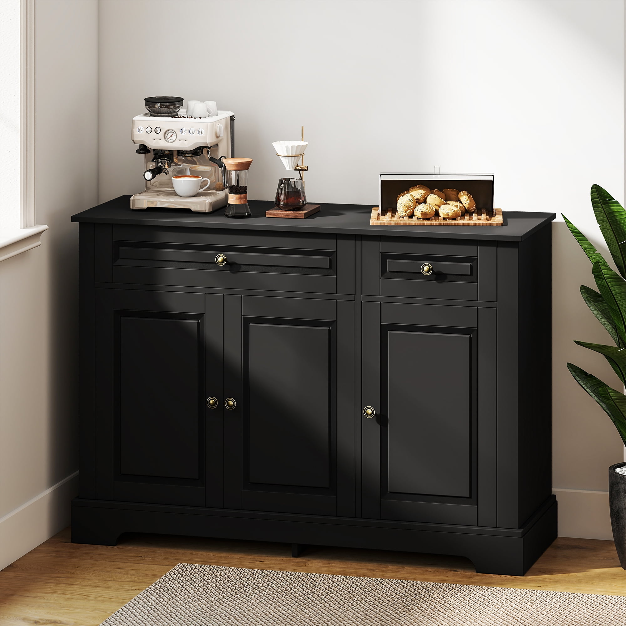 HOQBN Sideboard Buffet Cabinet, Modern Accent Cabinet with 2 Drawers and Adjustable Shelves for Kitchen and Living Room Black