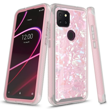 T-Mobile REVVL 5G Case, Rosebono Graphic Design Shockproof Impact Resistant Protective Full-Body Rugged Clear Hybrid Bumper Case for T-Mobile REVVL 5G (Pink Shell)