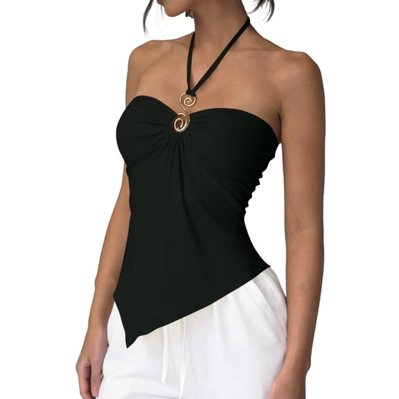 ctdiral Womens Sleeveless Halter Top Backless Slim Fit Tank Top Solid Color Asymmetrical Hem Tanks Summer Vacation Beach Tops Black L