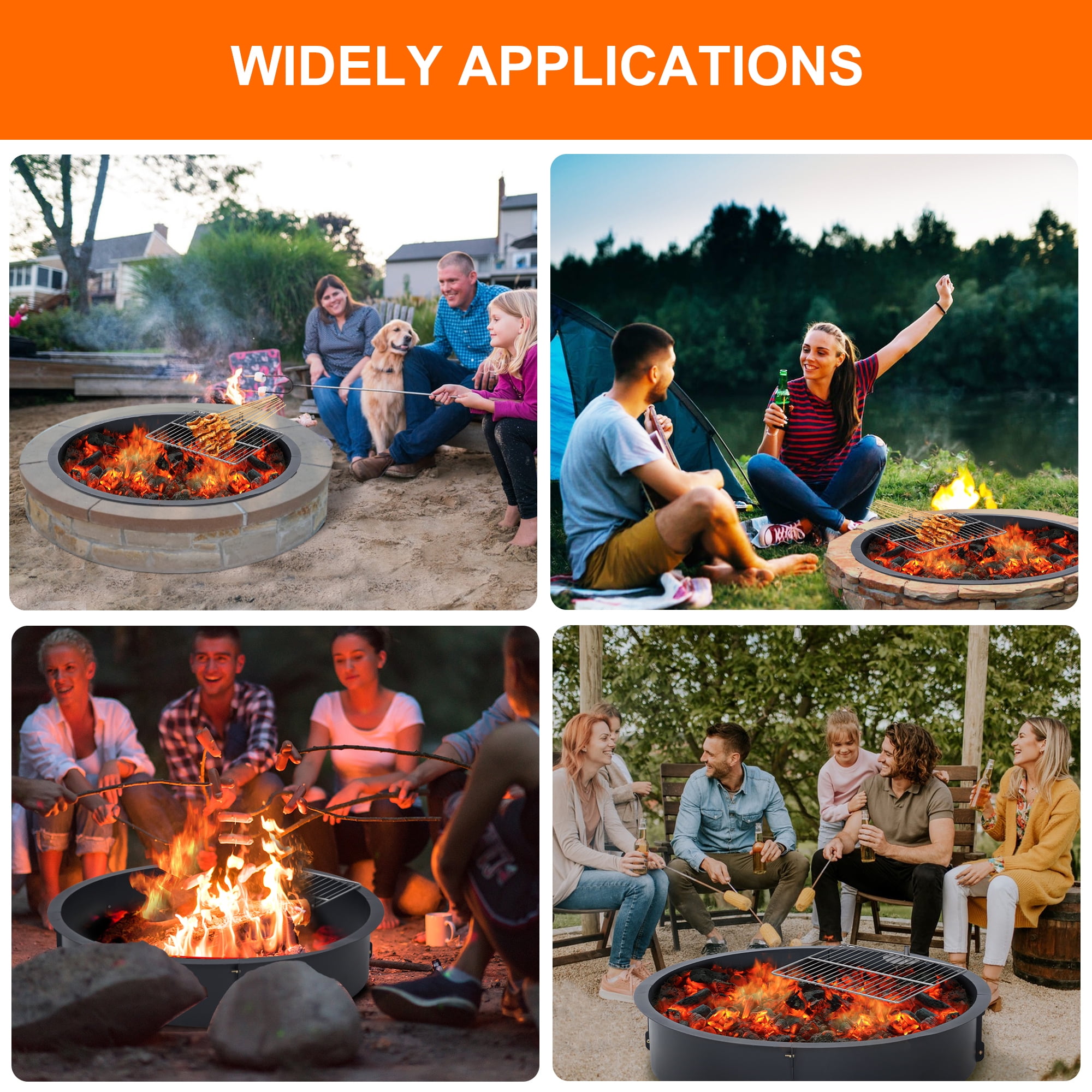WhizMax 35" Fire Pit Ring w/ Grill Grate,Outdoor Steel Firepit Liner DIY Wood Burning Insert for Camping Patio