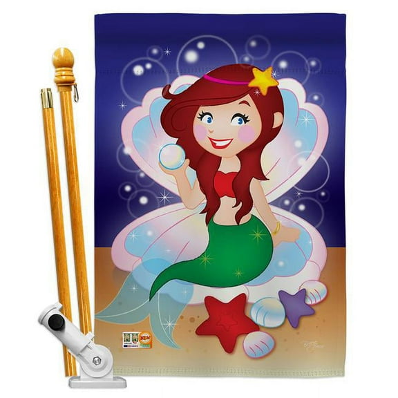 Breeze Decor BD-SM-HS-107027-IP-BO-D-IM09-BD 28 x 40 in. Vertical Mermaid Coastal Sea Animals Impressions Decorative Double Sided House Flag Set with Pole & Bracket Hardware