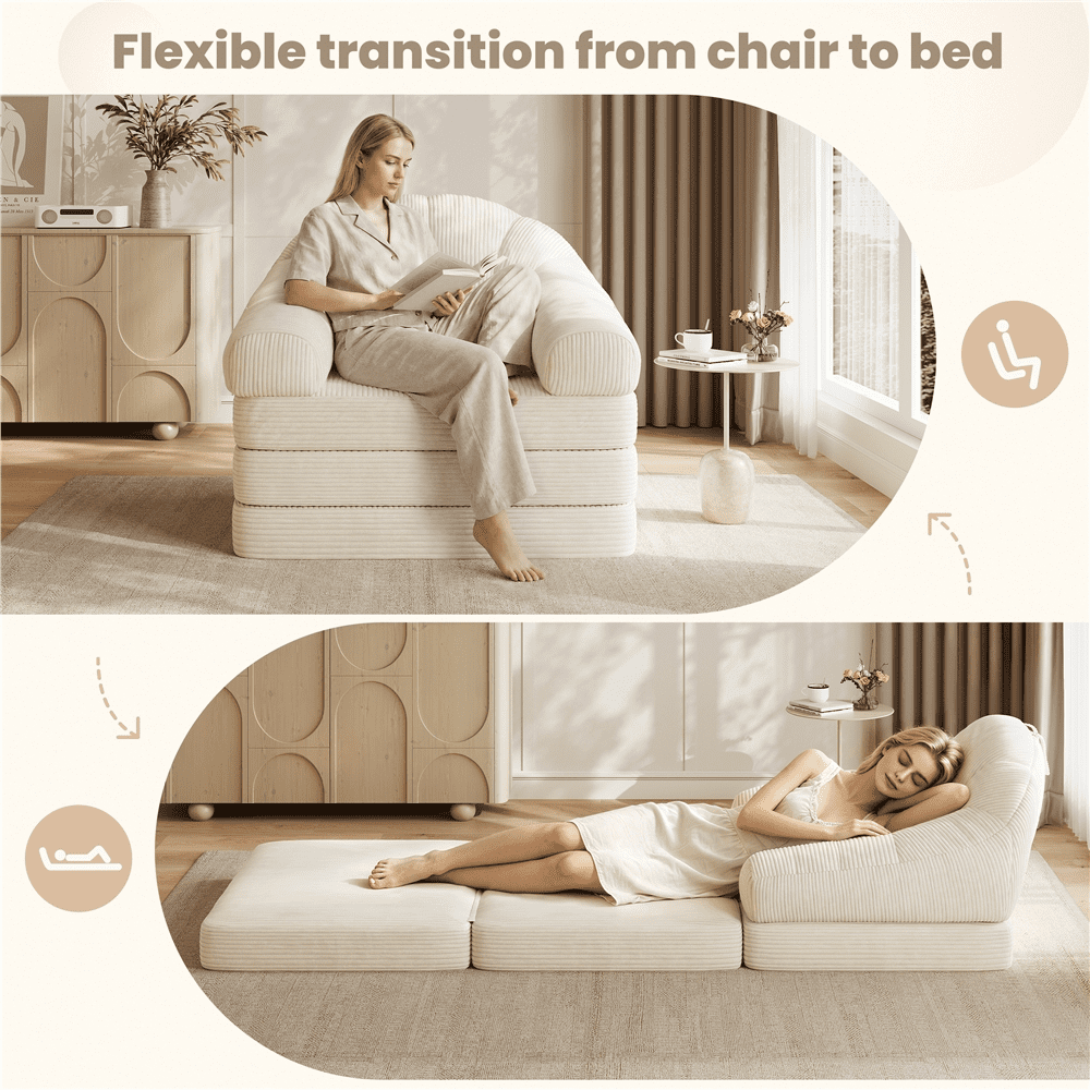 Renwick Convertible Sofa Bed 2-in-1 Folding Sleep Chair Bed Corduroy Couch with Armrests for Living Room and Bedroom, Beige