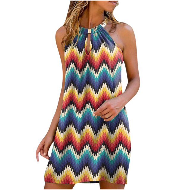 Moda mujer verano estampado sexy halter sin tirantes mini vestido sin mangas Fridja hjkh1301