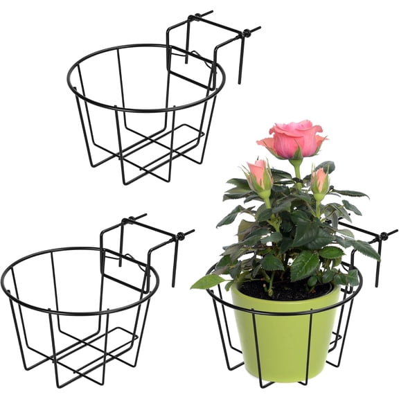 Adjustable Hanging Railing Planter for 1.89 to 3.5 Inches Railings - Outdoor Balcony Deck Flower Pot Holder, Metal Baskets Garden Orchid, Patio Ledge, 3 Pack, Black