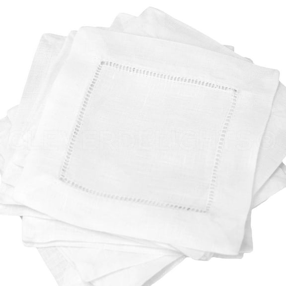CleverDelights 6" White Linen Hemstitch Cocktail Napkins - 12 Pack - 100% Linen