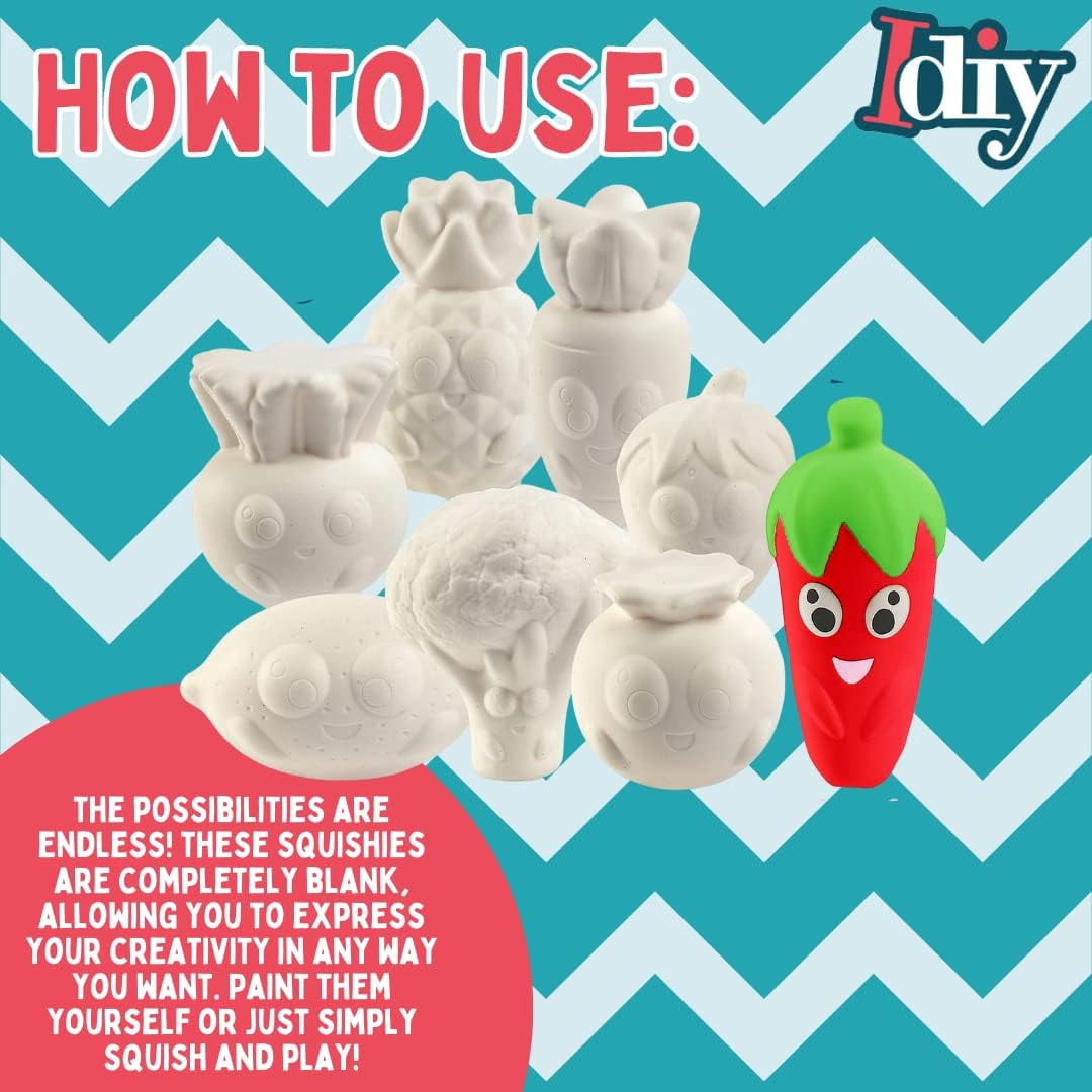 DIY Jumbo Fruit and Veggie Squishies (12 Unique Shapes) White Kawaii Scented Slow Rising Squishy Toys, Paint, Decorate, Scented Stress Relief Craft, Kid Classroom, Birthday Party Activity Gift (4-6")