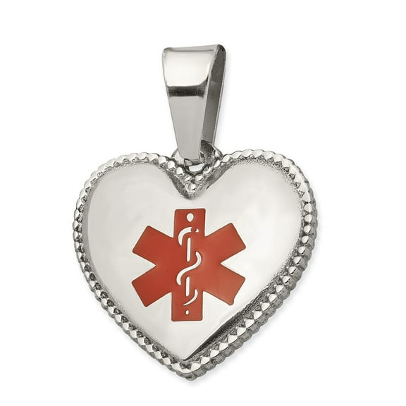 Stainless Steel Polished w/Red Enamel Heart Medical Pendant