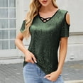 thumbnail image 2 of Sequin Tops for Women Summer Cold Shoulder Short Sleeve Blouses Cross V Neck Color Block Dressy Casual Shirts (M, Green), 2 of 7