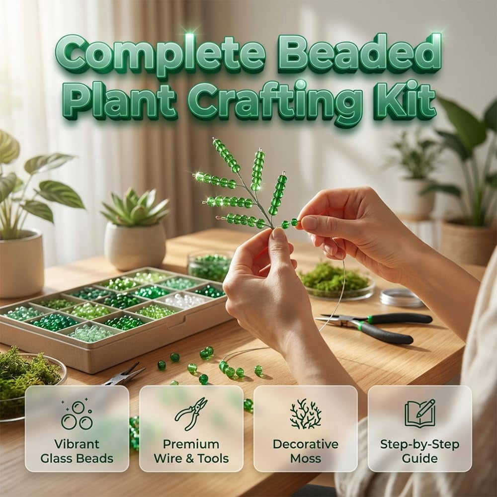 5500PCS DIY Beaded Plant Kit, Green Glass Beaded Plant Kit with Rattan Basket, Forever Plant Beaded Making Kit, Leaf Beads for Jewelry Making