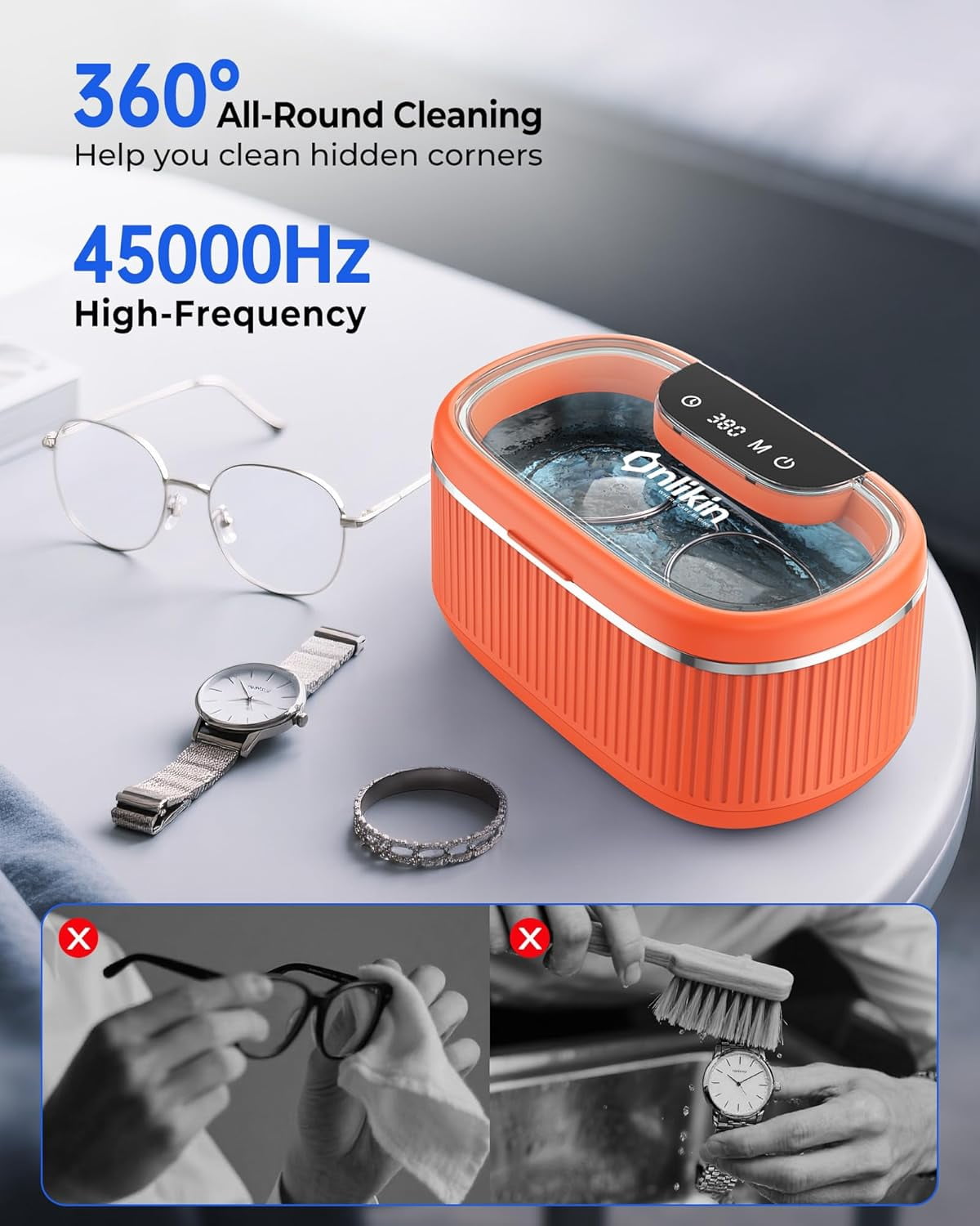 Ultrasonic Jewelry Cleaner 35W 45KHz – for Retainers, Eyeglasses & Dentures, 20oz 304SS Tank, 5 Timer Modes (Orange)