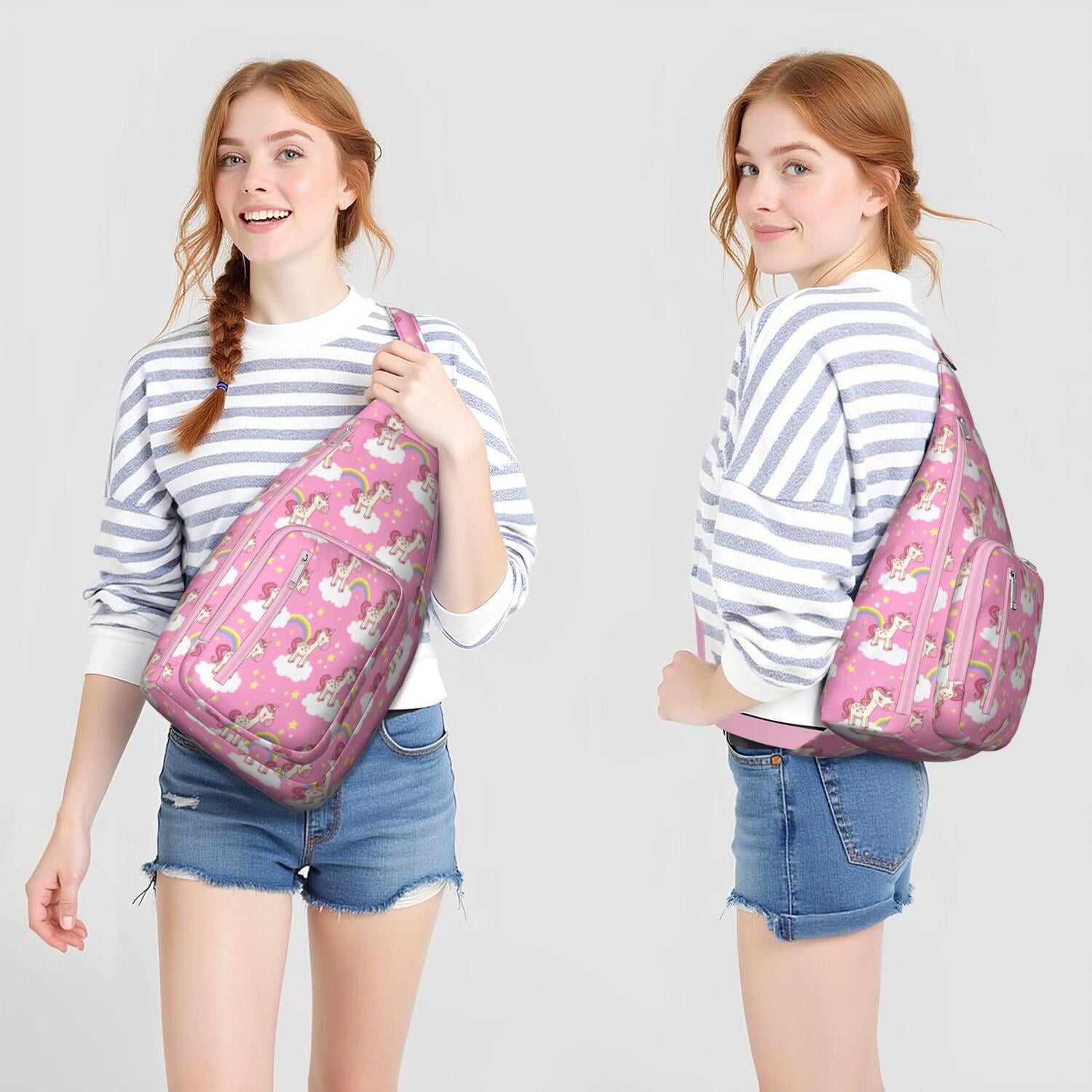 Magical Mythical Horse Sling Bag - Unicorn Rainbow Cartoon Print (Multi-Pocket Organized, Adjustable & Waterproof)