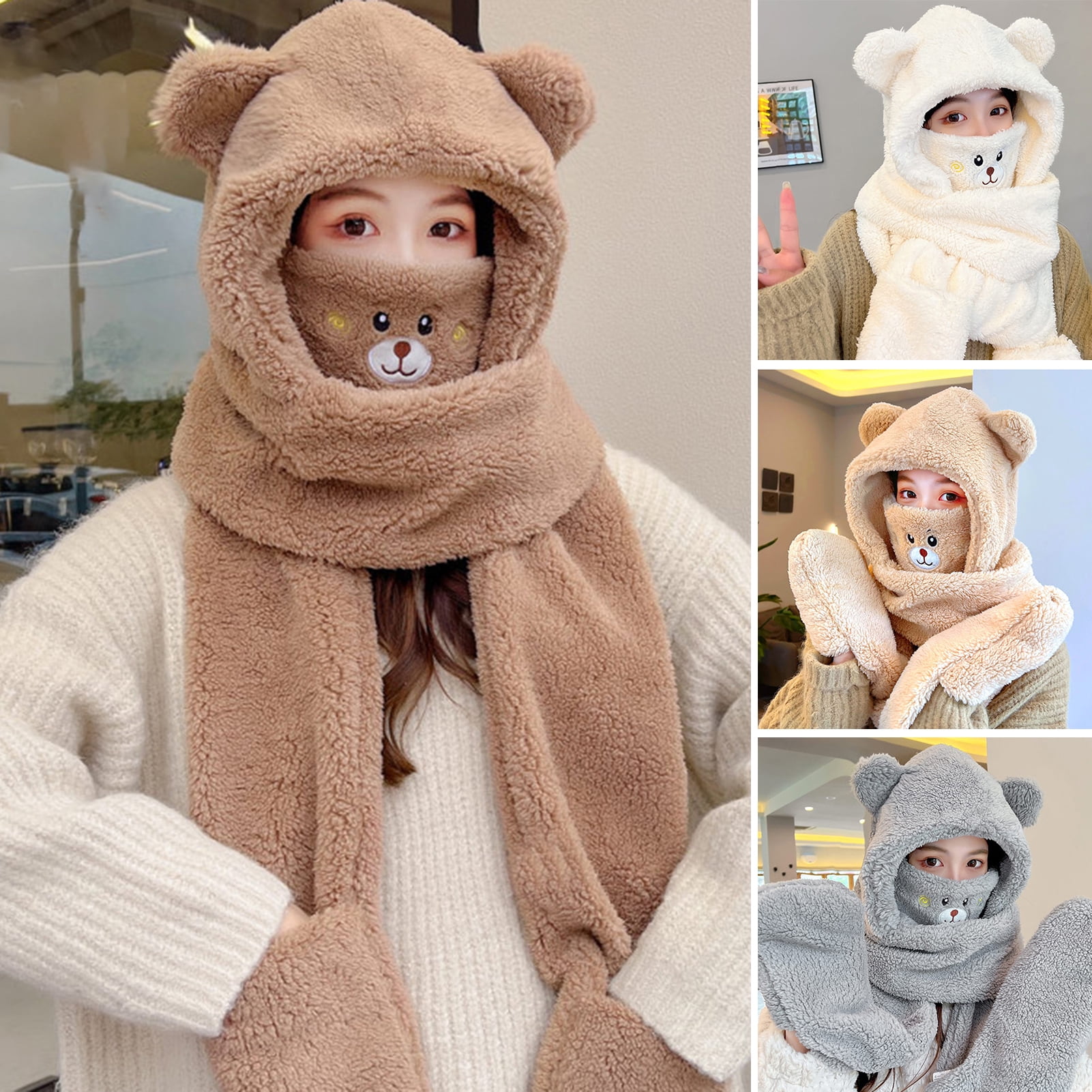 Cap Face Cover Scarf Cartoon Animal Thicken Soft Solid Color Cozy