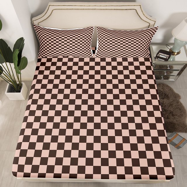 Erosebridal Checkered Gingham Fitted Sheet Full, Colorful Bedding Set Full Size, Rectangle Geometry Decor, 3-Piece(No Top Sheet)
