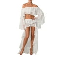 thumbnail image 3 of Coduop Women Outfit Set Long Sleeve Off Shoulder Crop Tops + Irregular Ruffle Skirt,Two Piece, 3 of 9
