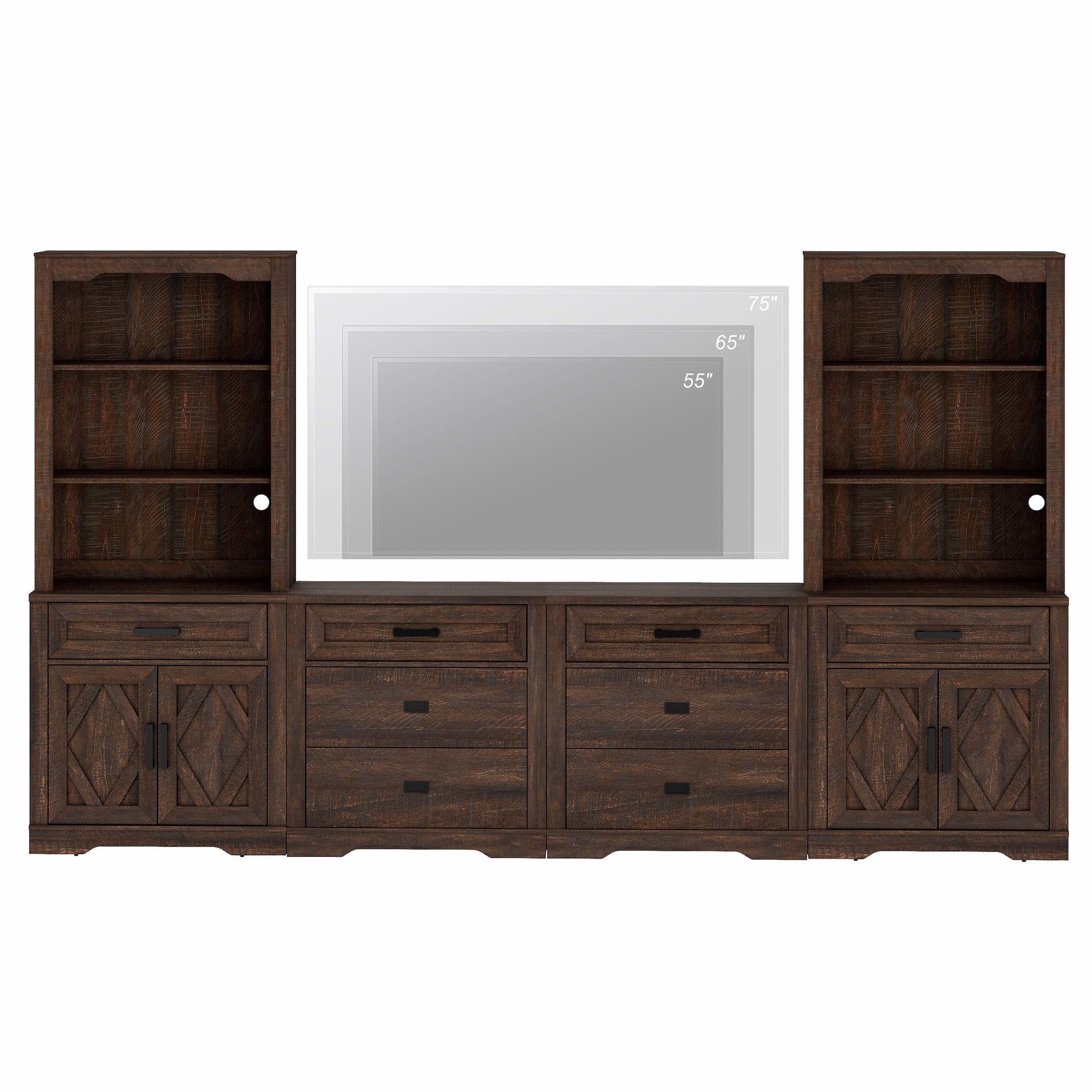 WAMPAT Farmhouse Entertainment Center with Bookshelf for TVs up to 75",Mid Century Modern TV Stand with 73"H Tall 5-Tier Bookcase with Open Storage and Barn Doors for Living Room,Bedroom,Rustic Brown