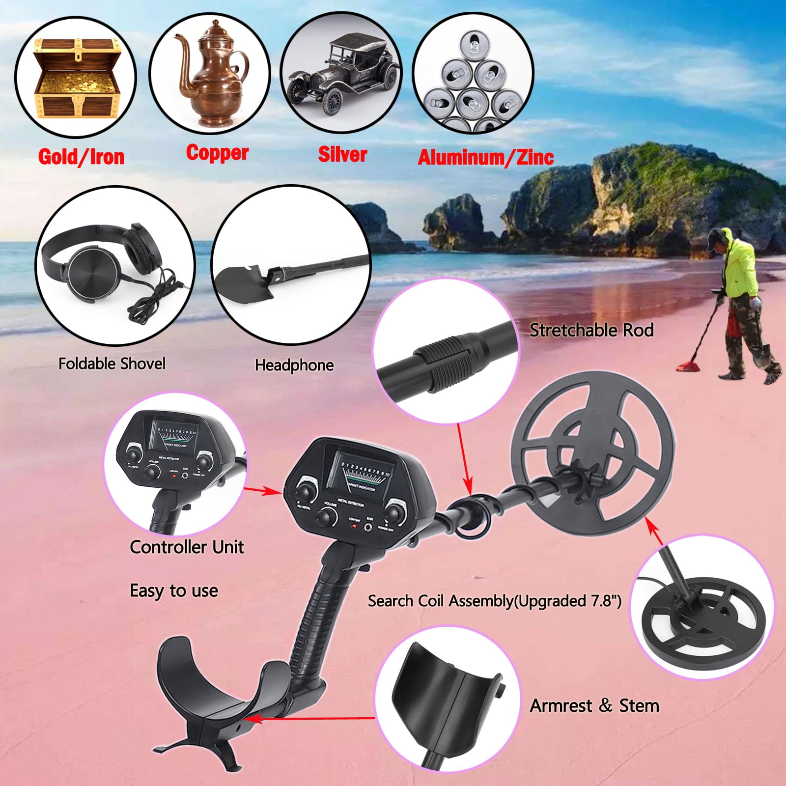 7.8"" Big Search Coil Underground Metal Detector + Foldable Shovel + Headphone Kits