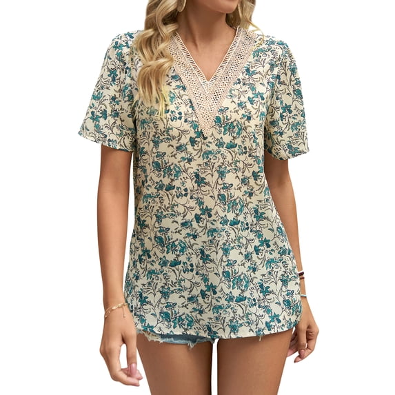 Xuanfei Women Floral Print V Neck Short Sleeve Summer Top