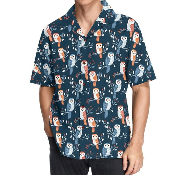 ALAZA Many Owls on Branch Men's Hawaiian Shirt Short Sleeve Casual Button Down Shirts M