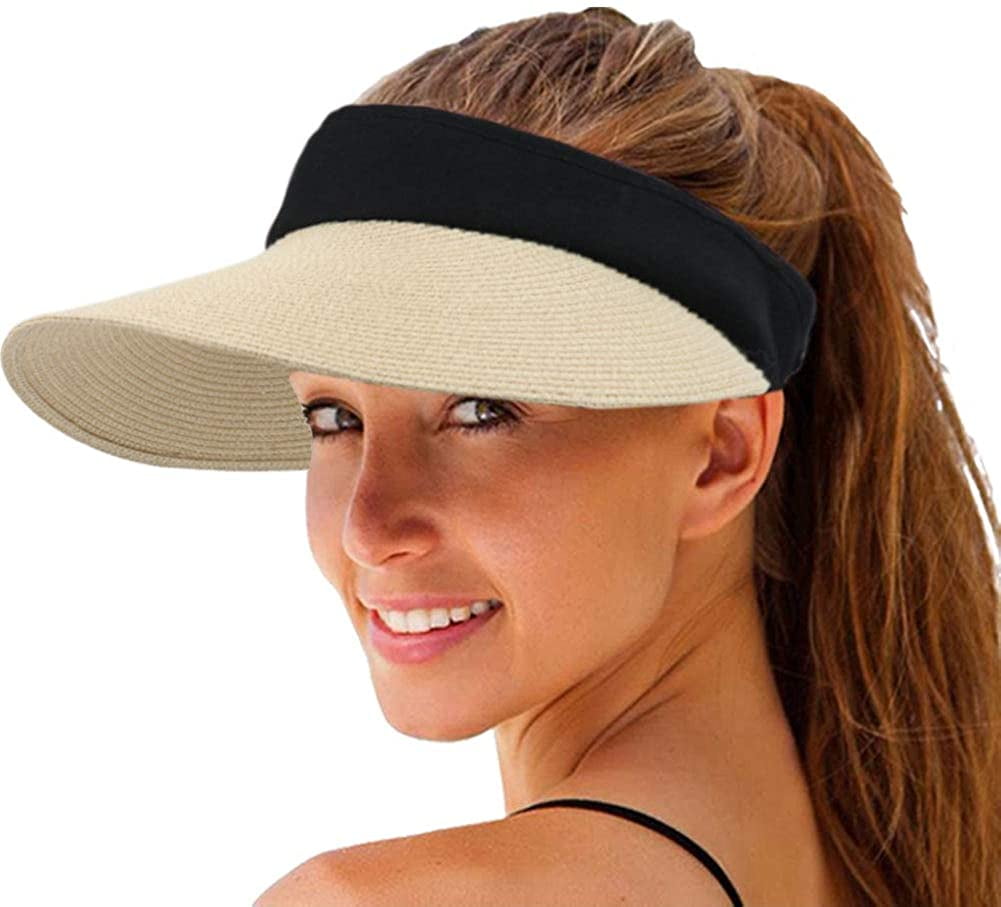 Sun Visor Hat Cap Summer Women Wide Brim Beach Protection Foldable Plain Pearl 