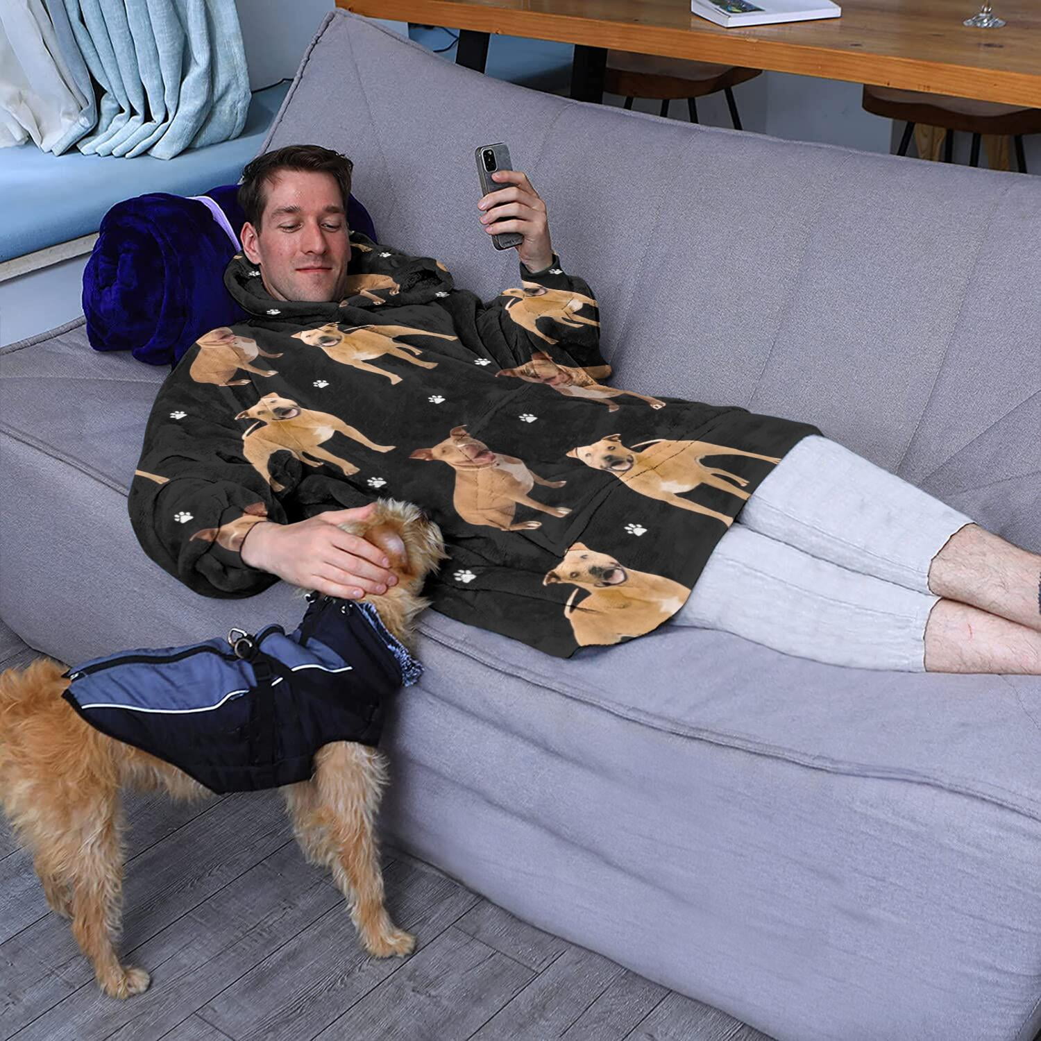 Pitbull Dog and Footprint Wearable Oversized Blanket,Wearable Blanket Hoodie for Adults,Cozy Hooded Blankets with Super Pockets,Super Warm Fuzzy Pullover for Women & Men