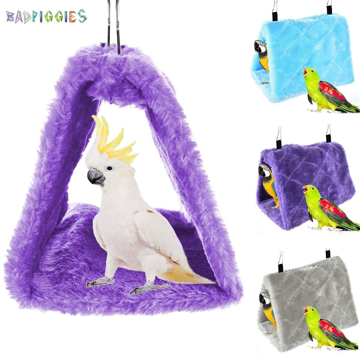 BadPiggies Winter Warm Bird Nest House Shed Hut Plush Fluffy Hanging Hammock Finch Cage Birds Hut Hideaway for Hamster Parrot Macaw Eclectus Parakeet Cockatoo (L, Purple)