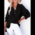 thumbnail image 4 of Blusas Casuales de Larga con Cuello en V y Botones para Mujer, Blusas Lisas de Gran Tamaño. Negro M, 4 of 7