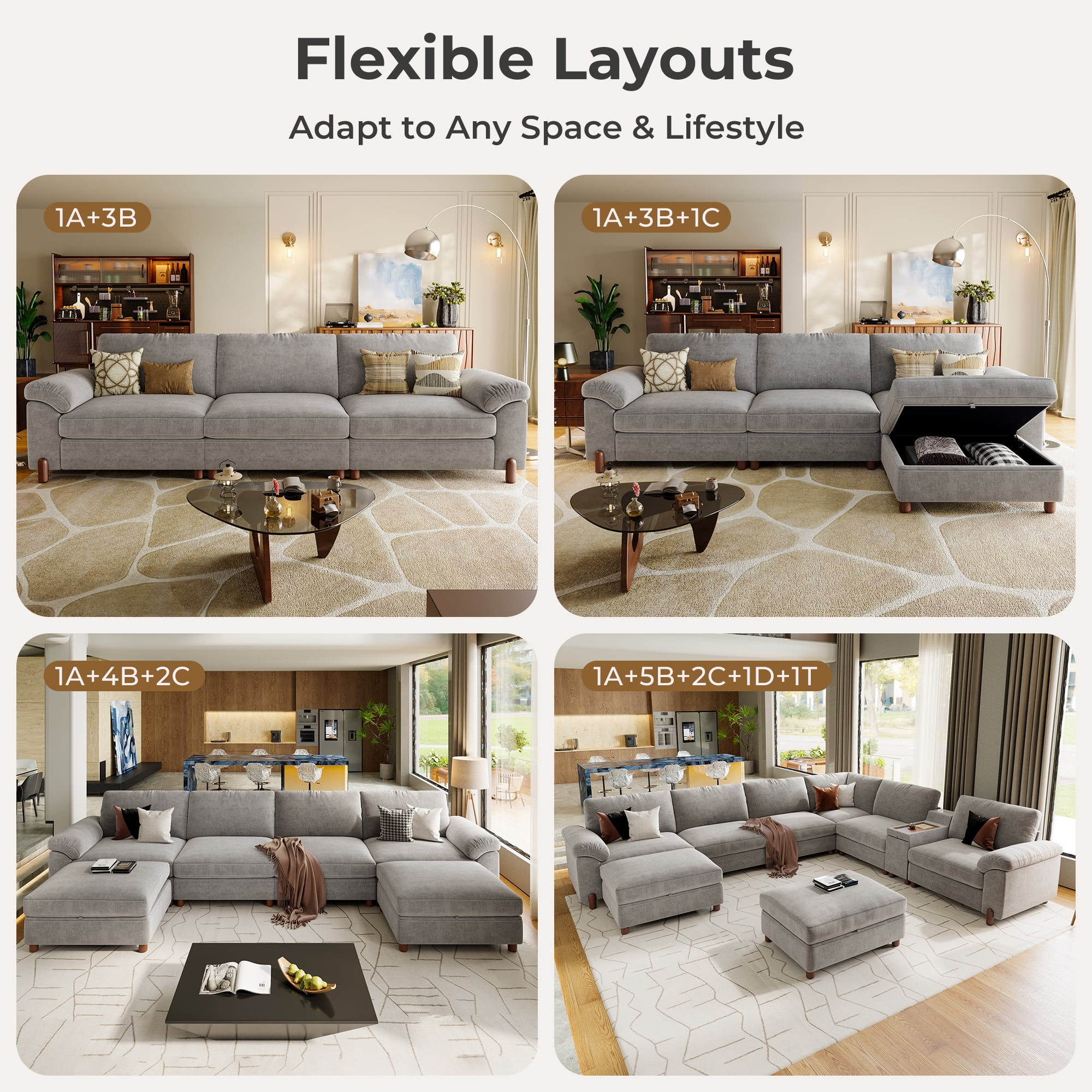 Modular Sectional Sofa with Removable Washable Covers, Oversized Deep Seat 3 Seater L Shaped Couch with Storage Ottoman, Chenille in Light Gray