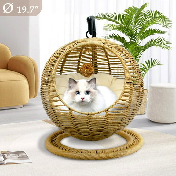 TY Arts & Culture Large Cat Bed Outdoor Wicker Hammock Chair with Metal Stand, Cotton Cushion & Teasing Ball