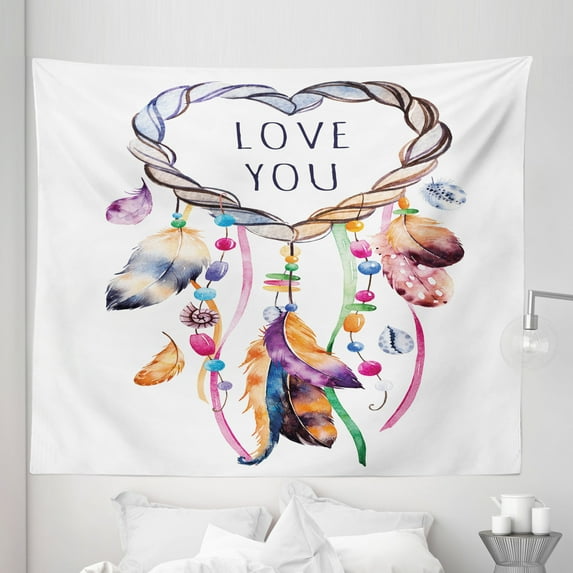 Feather Tapestry, Hand Drawn Dream Catcher Illustration Bohemian Style Image Vibrant Colored, Fabric Wall Hanging Decor for Bedroom Living Room Dorm, 5 Sizes, Multicolor, by Ambesonne