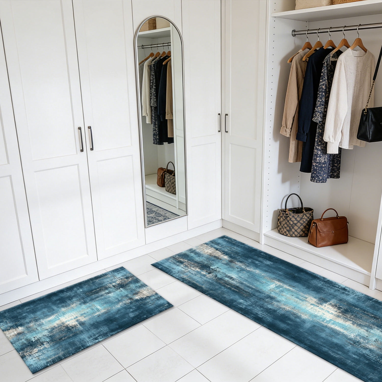 3-Piece Farmhouse Kitchen Rug Set, Washable Anti Slip Striped Floor Mats in 3 Sizes, Stain Resistant Decor Rugs for Kitchen Hallway Bathroom Home Christmas Decor