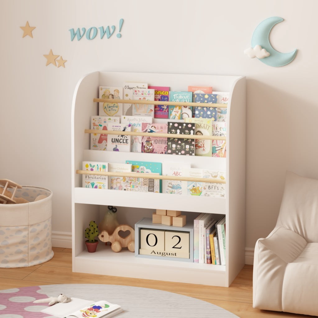 Kids Bookshelf with Open Storage, 3-Tier Front-Facing Children's Bookcase with Bottom Toy Compartment, Wooden Book Display Shelf for Toddlers, Nursery, Playroom & Bedroom, White