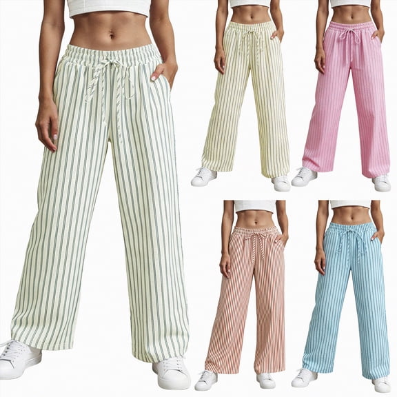 vigerkar Women's Striped Pants Pajama Lounge Boxer Pants Casual Wide Leg Drawstring PJ Bottoms Trousers (Beige, L)