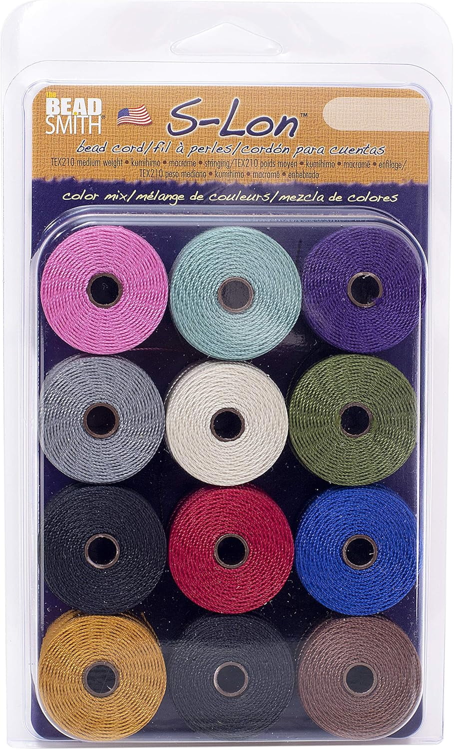 The Beadsmith S-Lon Bead Cord – .5 mm Twisted Nylon Cord for Stringing, 12-Pack, Gaskell Mix, TEX210, 77 Yards per Spool