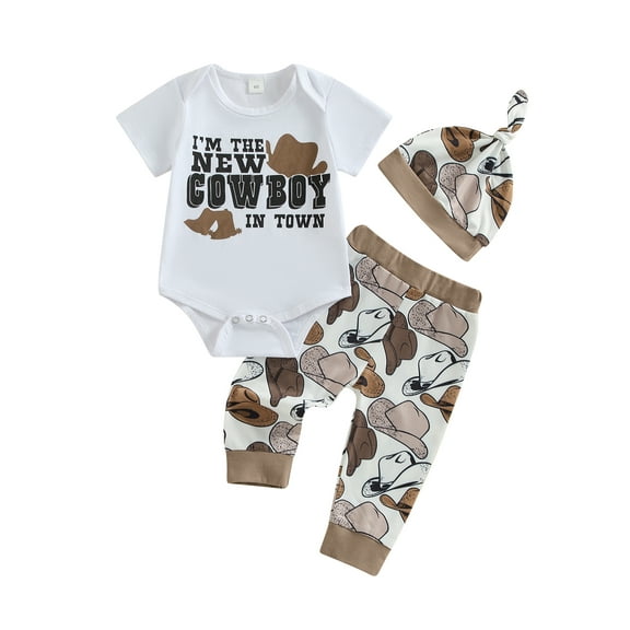 ZINTAOZT Western Newborn Baby Boys Clothes Cowboy Letter Short Sleeve Bodysuit Long Pants Cap 3pcs Coming Home Outfit