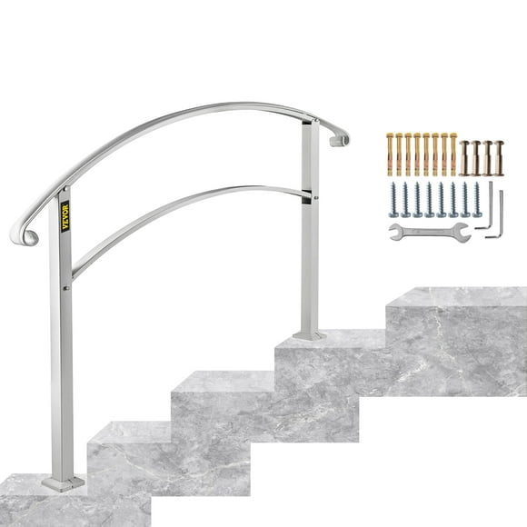 VEVOR Handrail Stair Railing Handrails 4-Step Handrail Fits 1 or 4 Steps Matte White Stair Rail Wrought Iron Handrail with Installation Kit Hand Rails for Outdoor Steps