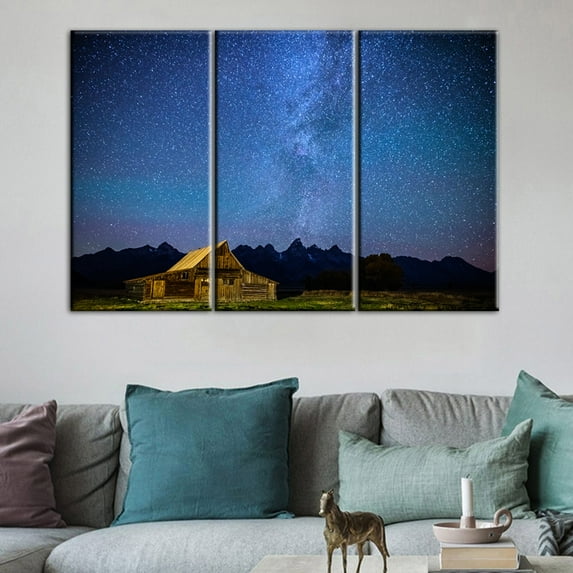TISHIRON 3PCS Framed Canvas Wall Art Set,36"x24" Country Cabin Star Filled Night Canvas Art Decor