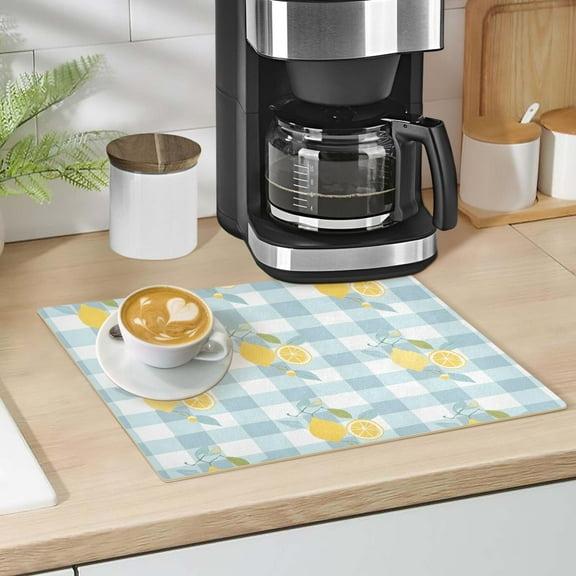 Lemons on Plaid Dish Drying Mat 12"x18" Kitchen Counter Dish Pad Microfiber Absorbent Drainer Rack for Coffee Bar