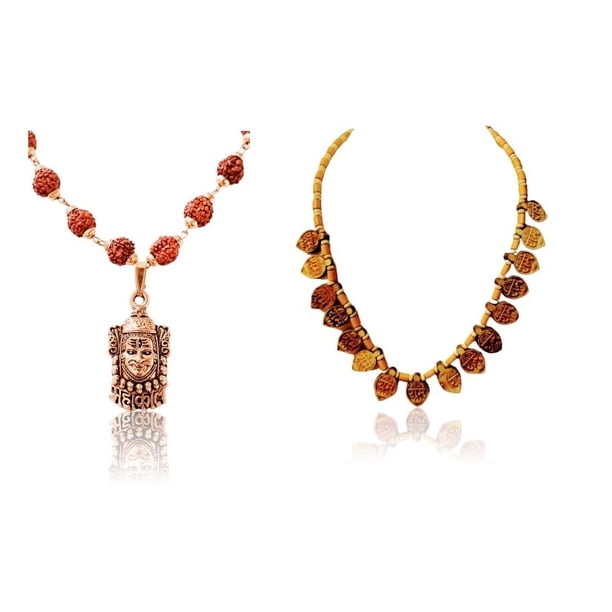 Kamada Combination of Shri mahakal gold necklace mala and Tulsi (basil) mala,Spritual Pendant Necklace for Women and Men