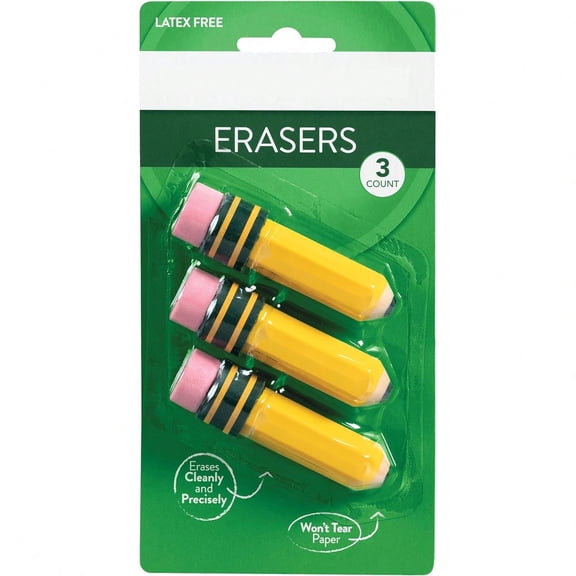 Pencil Shaped Erasers, Yellow, 3 Count