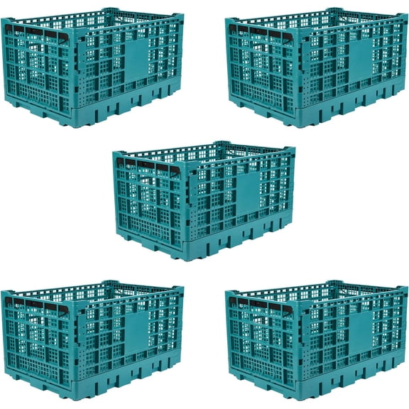 5 Pack Collapsible Milk Crates 52L Stackable Plastic Storage Bins with Handles for Home Green