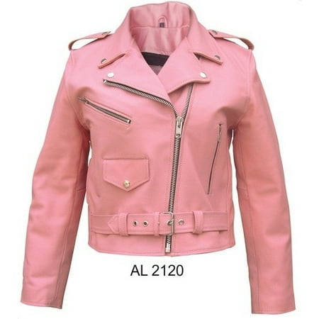Ladies Large Size Pink basic motorcycle Cowhide Leathe 3 front zippered pockets Biker