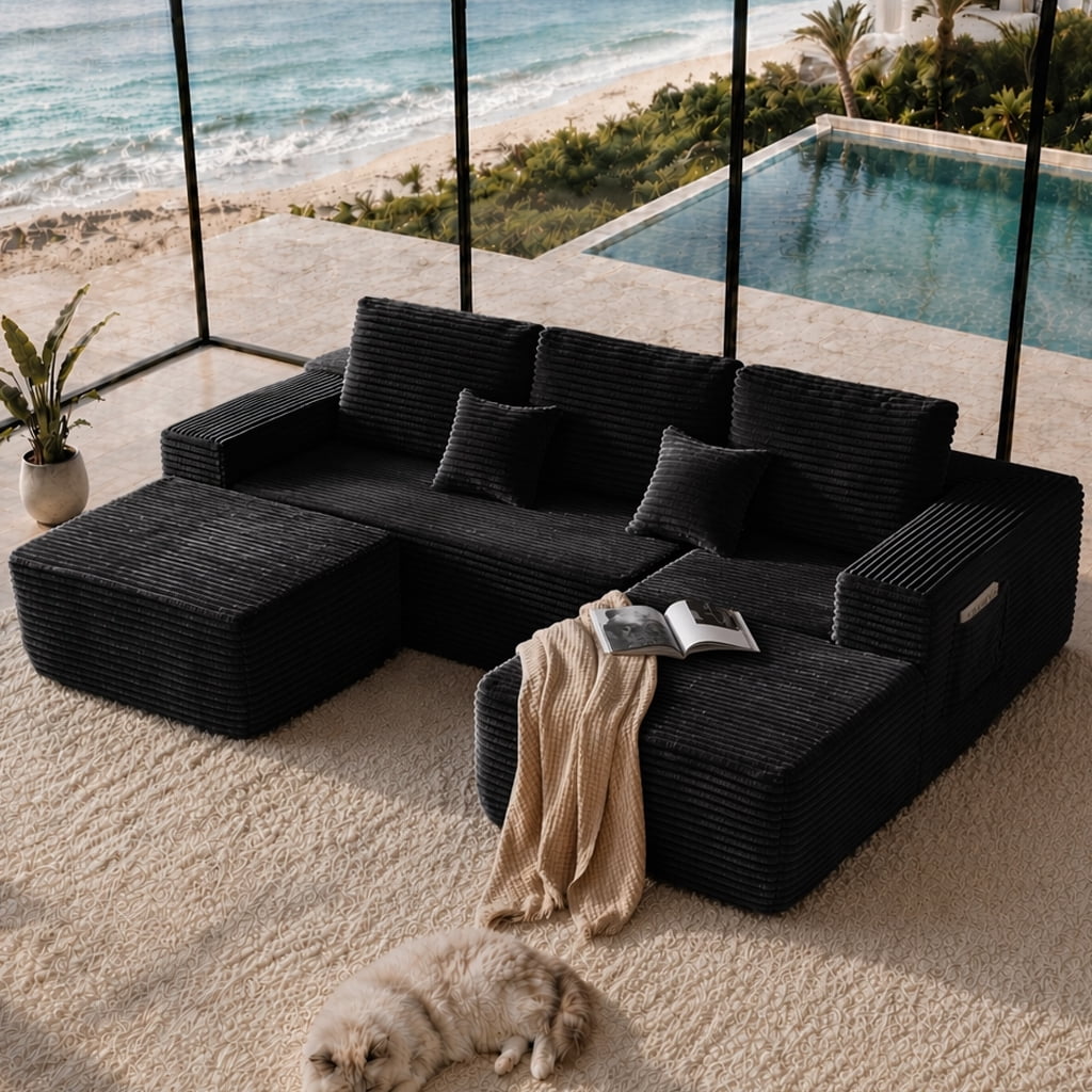Cloud Sectional Sofa 104 Inch, U-Shape Modular Couch with Side Pockets and Deep Seating, Upholstered Living Room Sofa, No Assembly Required, Black, Right Chaise