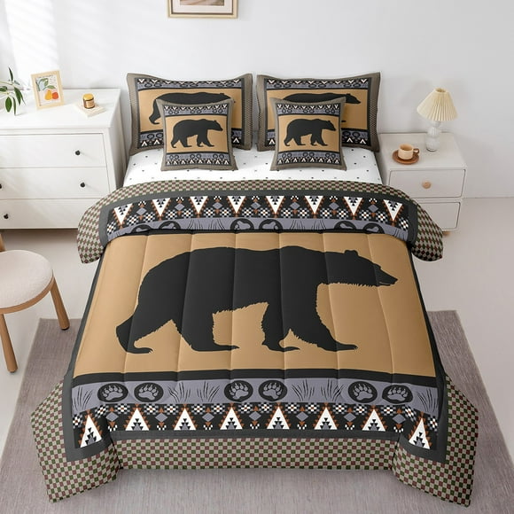 YST Rustic Bear Comforter Set With Sheets 7 Piece, Wildlife Hunting Bedding Sets King Size Tribal Wild Animal Sheet Set Bed In A Bag Geometry Triangle Vintage Bedding Comforter Sets, Brown