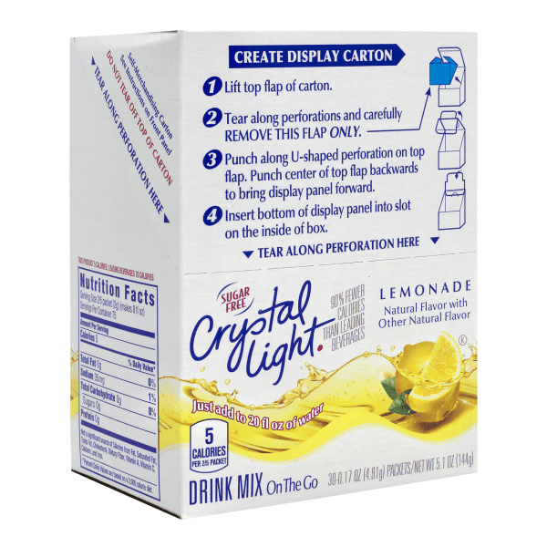Crystal Light On-The-Go Sugar-Free Drink Mix, Lemonade, 0.17 Fl Oz, 30 Packets Per Box, Pack Of 2 Boxes