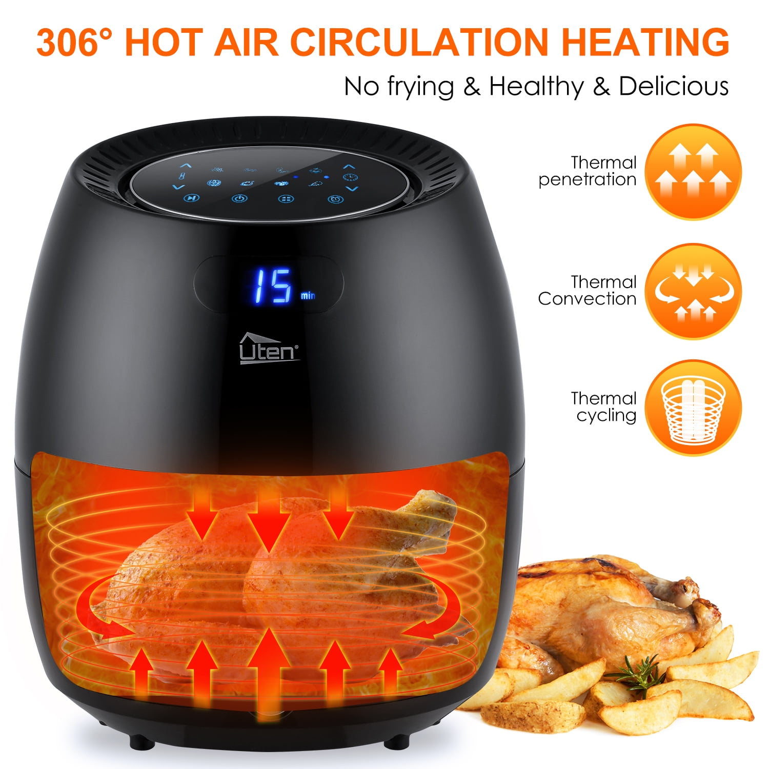 Uten 6.9 Qt Air Fryer Toaster Oven Combo, 1700W Digital One-Touch Screen Airfryer, 8 Presets Nonstick Basket, Compact Size for Family, Easy Clean, Black
